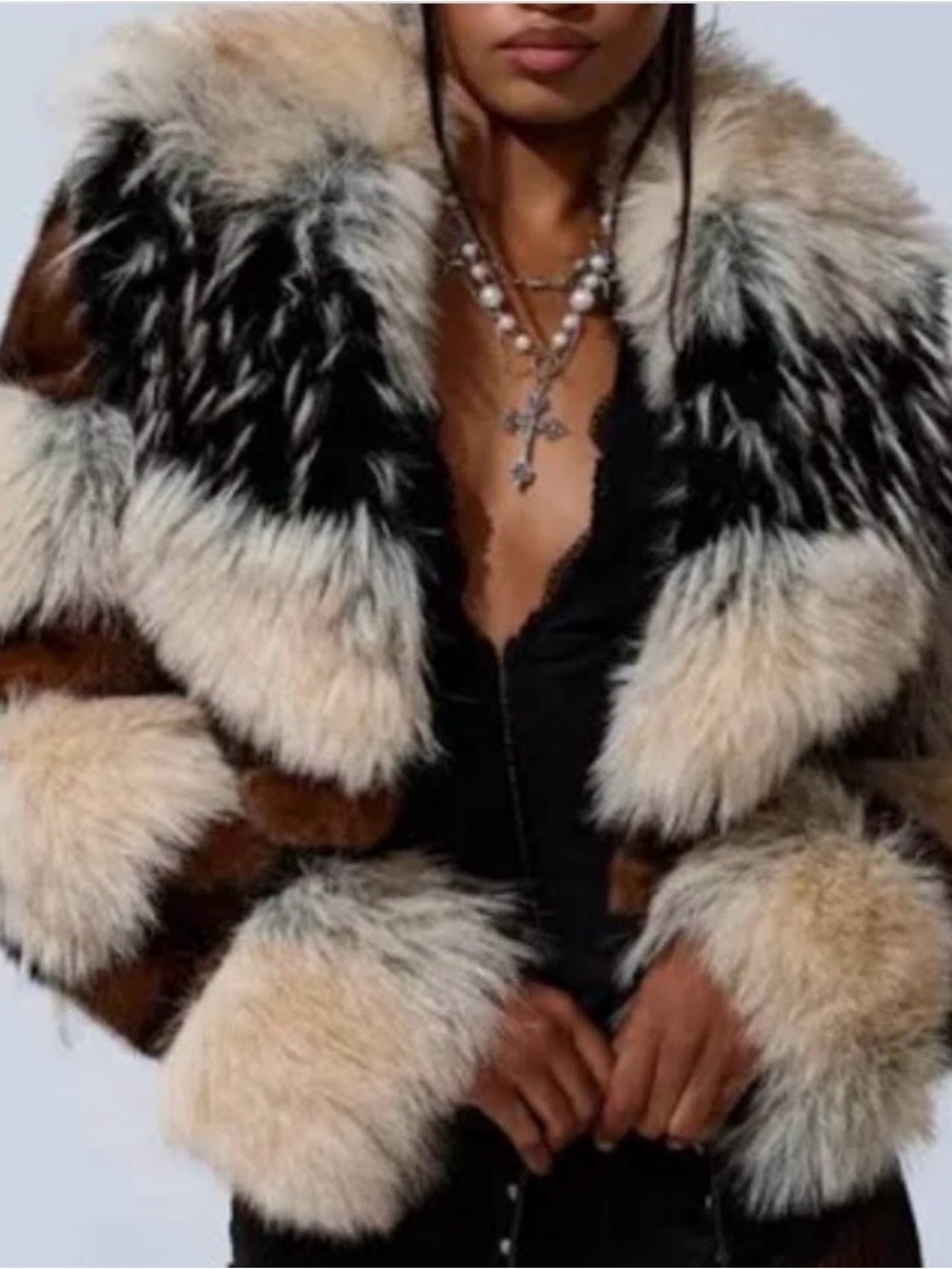Azalea Wang Plush Multi-Tone Teddy Jacket with Faux Fur Trim